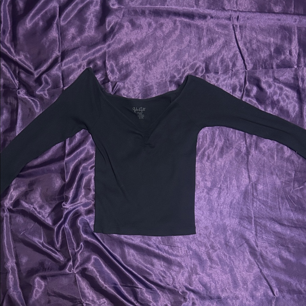 Dark Navy Long Sleeve V-Neck Ribbed Top